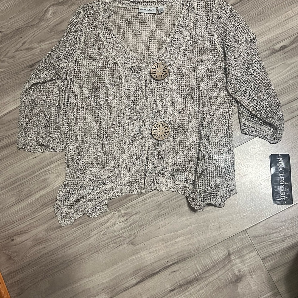 Nina Leonard Bolero Cardigan Mesh Beige Speckled Button Coverup Size M